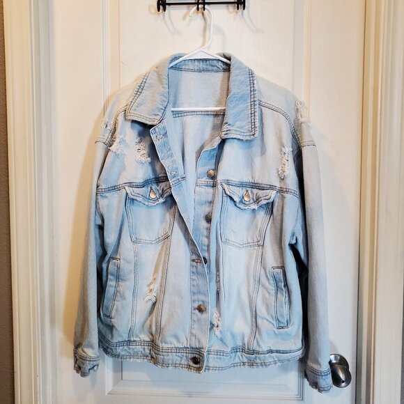 Distressed Light Wash Denim Jacket | Oversized Ripped 100% Cotton Trucker XXL - Picture 2 of 6